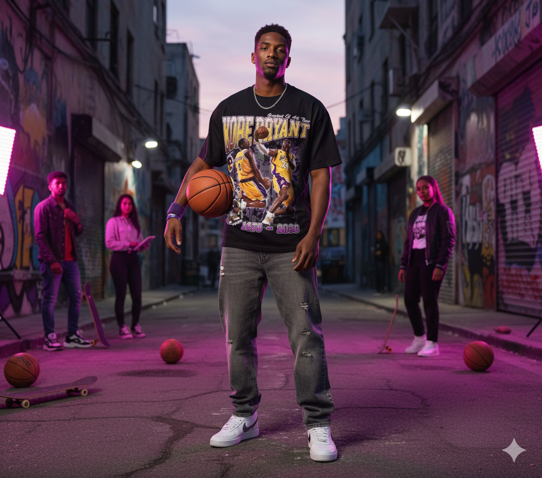 Person holding a basketball in an urban street setting with graffiti and people in the background