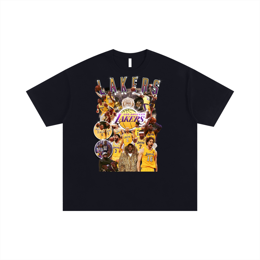 Black t-shirt with Lakers graphic design featuring multiple players and the team logo on a white background.